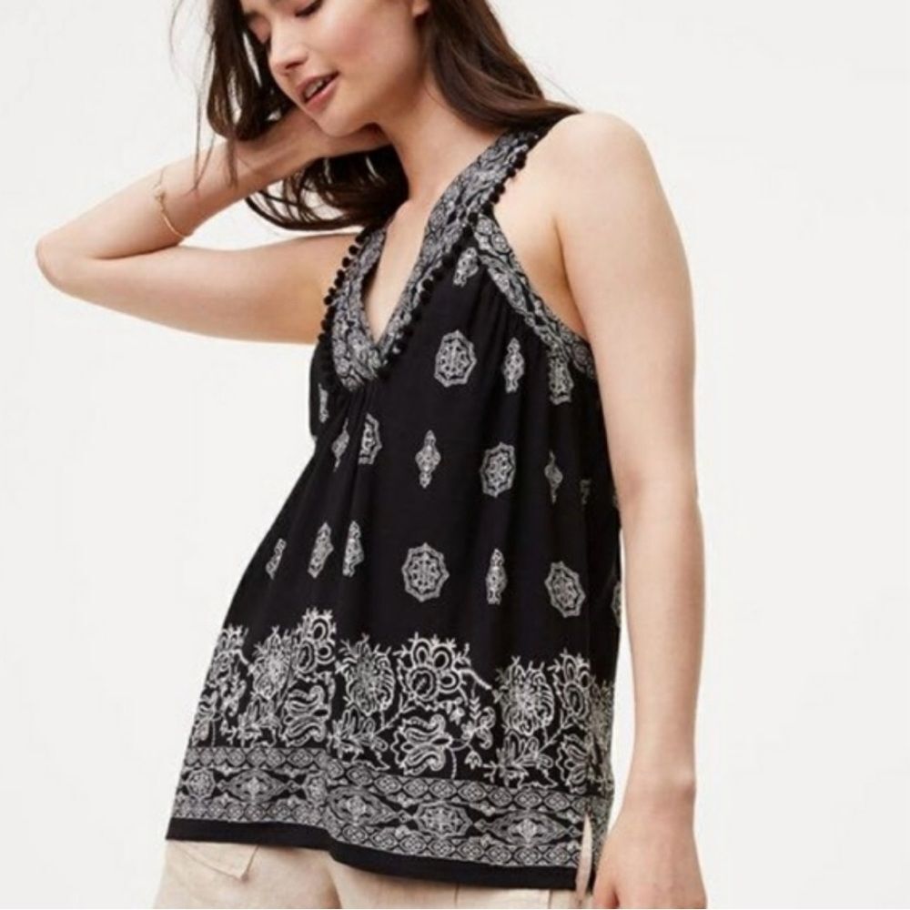 Ann Taylor LOFT Floral Paisley Pompom Trim Swing Bohemian Tank Top Blouse M